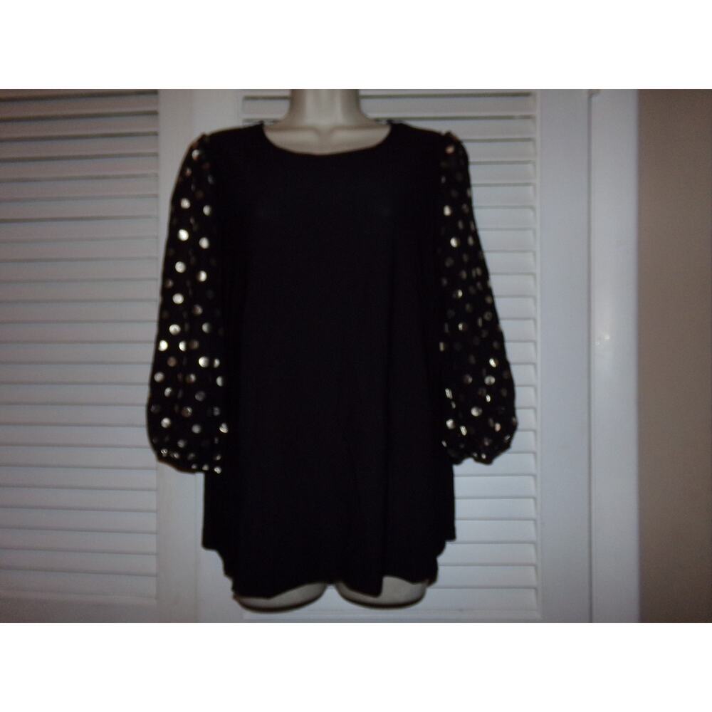By Design black jersey knit top 3/4‎ gold foil dot sleeves L Avant garde